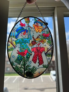 Amia Studio Stained Glass Snowman Christmas Bird Sun Catcher Oval 7"X5" w/chain - Picture 1 of 3