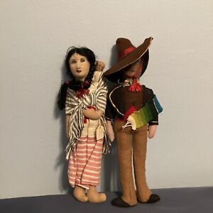 Vintage 1930s Mexican Peon Peasant Girl Doll w/ Baby & Man Kimport Mexico 12”