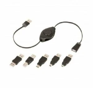 Retrak 6 Ft Black USB Extension Cable Retractable Cord 2.1Amp 480mpbs 5 Adapters - Picture 1 of 4