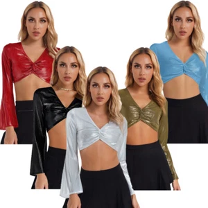 Women Shirt Music Tops Competition Blouse Solid Color Costume Stage V-neck Tee - Picture 1 of 63