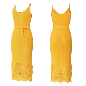 Knit Midi Dress with Belt Women Solid Sexy Hollow Out Sleeveless Backless - Picture 1 of 3
