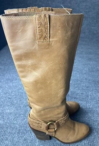 Lucky Brand Leather Boots Womens 6M Tan Ethelda Harness Tall Block Heel Adult - Picture 1 of 16