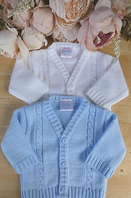 Baby Junge weiß blau gestrickt V-Ausschnitt Strickjacke Kabel Detail NB-0-3-6-12-18-24m