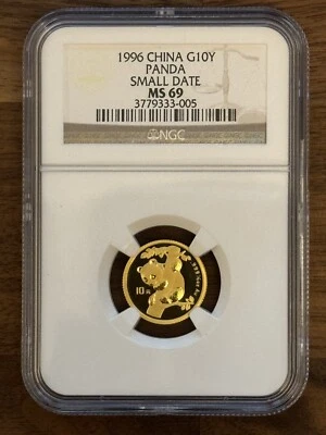 1996 MS69 China Gold Small Date Panda 1/10 oz G10Y 10 Yuan NGC Clean Coin! - Image 1 of 2