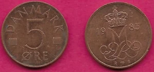 DENMARK 5 ORE 1983 R-B MARGRETHE II,CROWNED MIIR MONOGRAM DIVIDES DATE,M - Picture 1 of 1