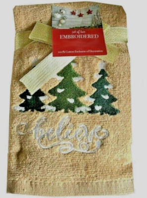 Christmas Tree Believe Fingertip Towels Set of 2 Embroidered Bathroom Beige - Image 1 of 4