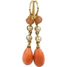 Antique Orange Coral & Pearl Dangle Earring 14k Yellow Gold Finish Coral Earring