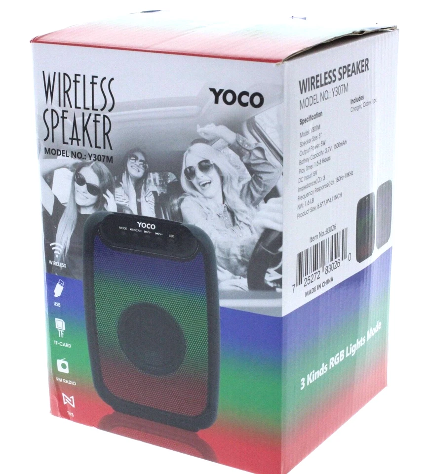 YOCO Y309B Bluetooth Wireless Speaker EQ USB TF CARD FM Radio TWS Lights Size 3"