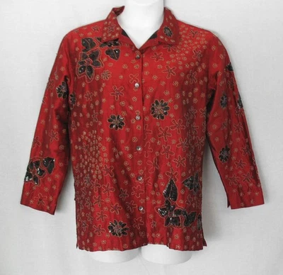 Chaqueta Camisa Chico's Roja Bordada Lentejuelas Cuentas Seda Para Mujer Grande o 2 Foto 1 de 4