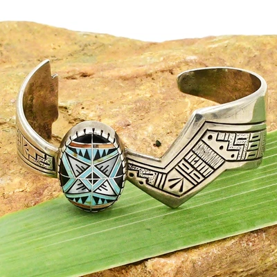 Sterling Silver Native American RMT Roderick Tenorio Inlaid Gem Cuff Bracelet - Image 1 of 4