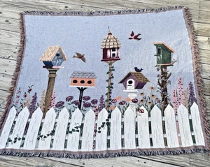 Landhaus Vogelhäuser & Vögel Vintage 60”x46” Gewebt Fransen Wandteppich Überwurf Decke - Bild 1 von 5