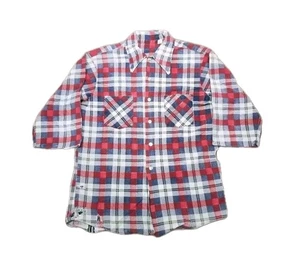 Vintage Red Plaid Button Up Distressed 70's Shirt Womens Size Medium Made in USA - Picture 1 of 10