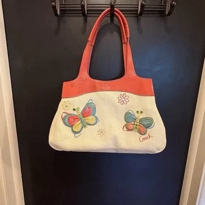 Vintage Y2K Coach Lexi Woven Straw Butterfly Purse-  Coral/Orange B1168-F16584 - Image 1 of 4