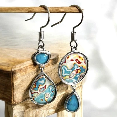 Schöne Asymmetrische Boho Retro Ohrringe Kupfer Silberfarbe Blau Bunt Blau Harz - Bild 1 von 4