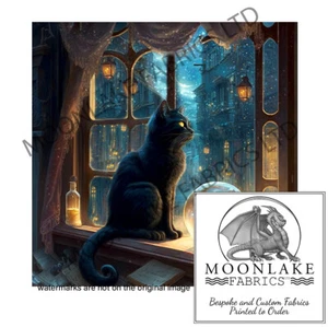Cat in the Magic Shop, Moonlight  100% Cotton or Polyester Fabric Squares - Picture 1 of 3