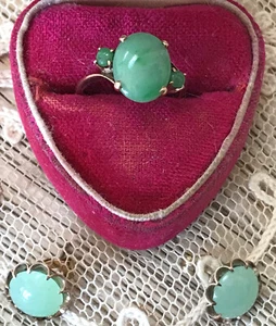 14K Jade Jadeite Ring / Earrings Set Translucent Cabochon Pale Green Appraisal  - Picture 1 of 9