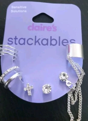 Brincos perfurados Claire's tom prata corrente cruzada conector de punho de orelha... - Imagem 1 de 4