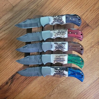 Handmade Damascus Steel Folding Knife.5" With Antler/Wood  (Multiple Colors) - Image 1 of 4