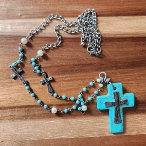 Colgante Cruz Grande Religioso Vintage Rosario Turquesa Imitación Cadena Tono Plateado  - Imagen 1 de 7