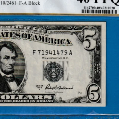 1953 A  $5  SILVER CERTIFICATE NOTE  PCGS BIRTH YEAR Serial /N " 1941" - Image 1 of 3