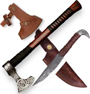 Viking Axe and Raven Head Knife 2-in-1 Set Hatchet Survival Axe, Leather Sheath - Picture 1 of 9