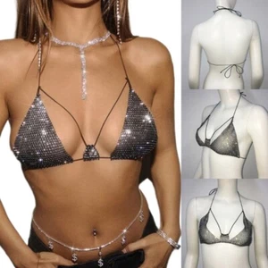 Women Rhinestones Halter Backless Crop Top Hollowed Sheer Mesh Bras Body Jewelry - Picture 1 of 9