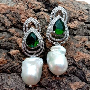 Cultured White Keshi Pearl Green Cz Drop Stud Earrings For Women Girl - Picture 1 of 6