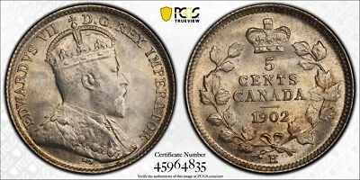 1902-H Canada 5 cents silver Large H PCGS MS65 - Image 1 of 4