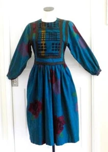 CHACOK France Art-to-Wear Teal Geo-Rosen Floral Lagenlook Long Dress 0 S/M Pockets - Bild 1 von 19