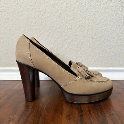 Tacón de plataforma SESTO MEUCCI para mujer EE. UU. 9,5 M cuero nobuck tostado borlas ciudad nuevo sin caja Foto 1 de 4