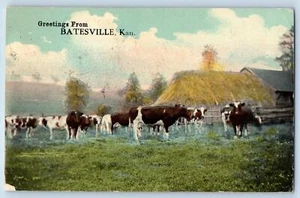 Correspondencia postal antigua c1913 saludos desde Batesville Cow's Farm Kansas - Imagen 1 de 2