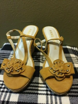 ANNE KLEIN Suede Gold Stud Flower Wedge ~ Mustard  - Image 1 of 4