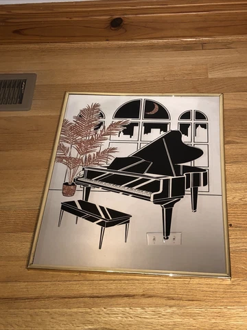 1980s Art Deco Wall Hanging Mirror Skyscraper Night New York Piano Jazz Art Cover