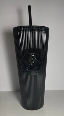 星巴克 2024 黑色打褶核心玻璃杯 24 盎司 Venti 冷杯 - 全新 — 第 1/4 张图片