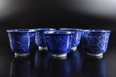 U7129: Japanese Old Imari-ware Blue&White Flower TEA CUP Senchawan 5pcs, - Image 1 of 4
