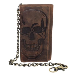 Biker Skull Chain Wallet RFID Signal Blocking Men's Vintage Leather Long Tri-... - Picture 1 of 9