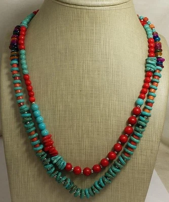 multi strands necklace/turquoise/seashell/ red, howlite beads (z151b-w2.5) - Image 1 of 2