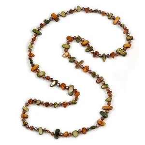 Long Olive/ Brown Shell Nugget and Glass Crystal Bead Necklace - 110cm L - Picture 1 of 6