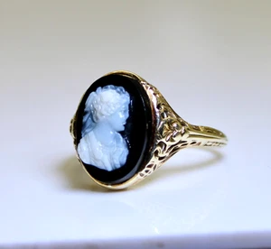 Antique Victorian 14K Gold Black Agate Hand Carved Cameo Ring, Size 6.25 - Picture 1 of 4