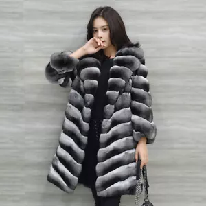Invierno Para mujeres Chinchilla Genuino Rex Conejo Abrigo de Piel Solapa Cálida Sobretodo - Imagen 1 de 7