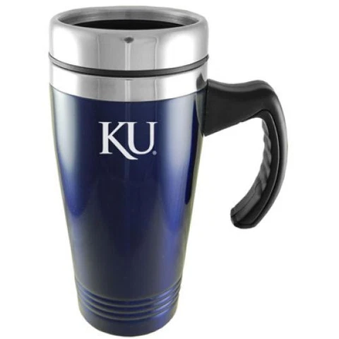 Kansas Jayhawks Engraved 16oz Stainless Steel Travel Mug - Blue Cover