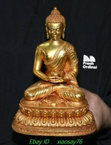 8.6'' Old Tibet Pure Bronze Gilt Shakyamuni Sakyamuni Amitabha Buddha Statue - Picture 1 of 10