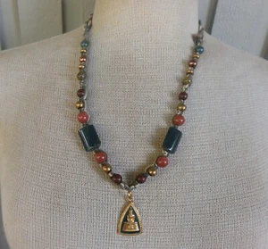 Buddhist Amulet Adjustable Hemp Necklace with Bloodstone Goldstone Beads Pearls - Picture 1 of 9