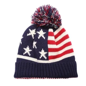 USA American Flag Beanie Stars & Stripes - Cuffed Cap Knit Winter Stocking Hat - Picture 1 of 6