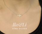 Real 925 Sterling Silver Cubic Zirconia Sideways Cross Necklace ( Not Plated )