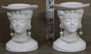 Vintage Set of 2 Mini Lady Head Vase Pearl Necklace & Earrings Japan 3" White - Picture 1 of 14