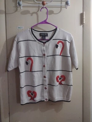 Terrazzo Flamingo Beaded Embellished Sweater Cardigan Knit Shirt Animal Beads - Image 1 of 4