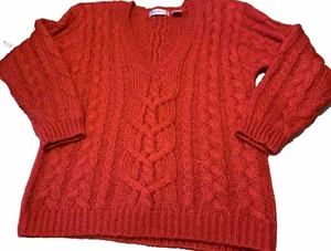 NORTHERN ISLES Hand Knitted Chunky Cable Knit Cardigan V neck Sweater red size S - Picture 1 of 8