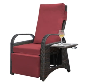 Outdoor Adjustable Recliner PE Wicker Chair With Side Table Red Cushions - Picture 1 of 11