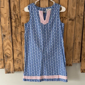 Vineyard Vines Girl’s 14 Blue Geometric Pink Seersucker Print Shift Tunic Dress - Picture 1 of 14